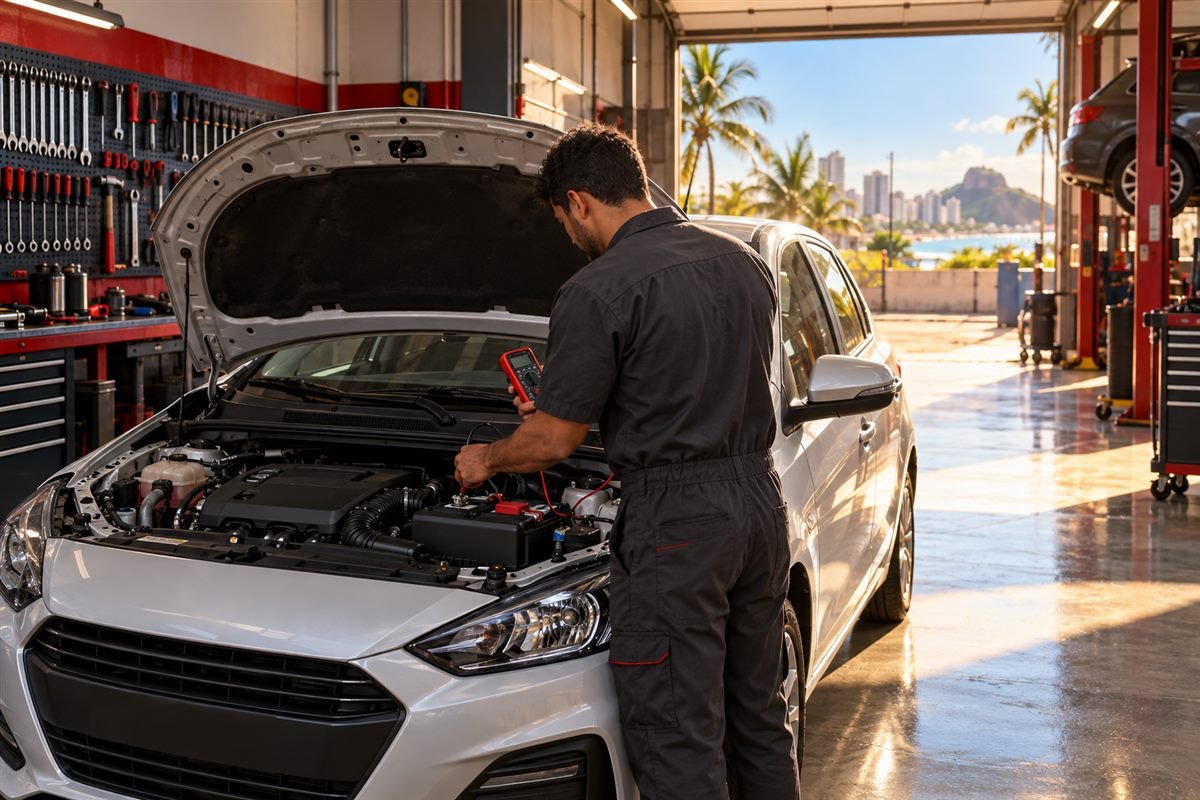 Mecânico medindo a bateria de um carro com o capô aberto, em oficina com sol forte entrando pelo portão
